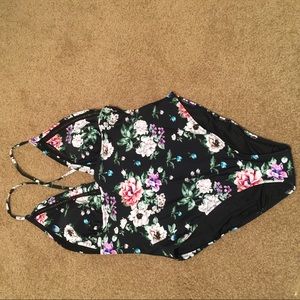 Black floral bathing suit, one piece, flowers